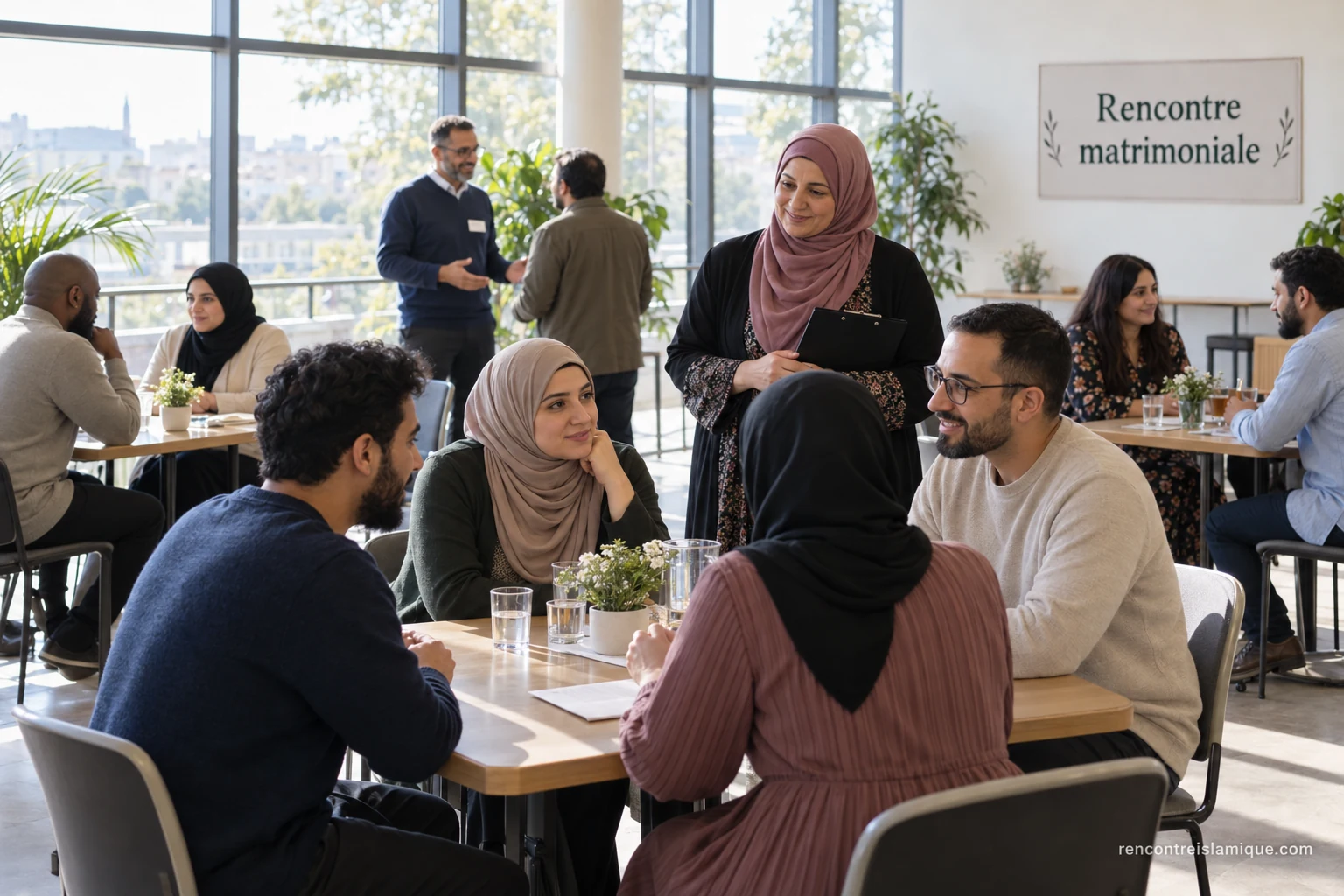 Des adultes conversent en petits groupes lors d’une rencontre organisée.