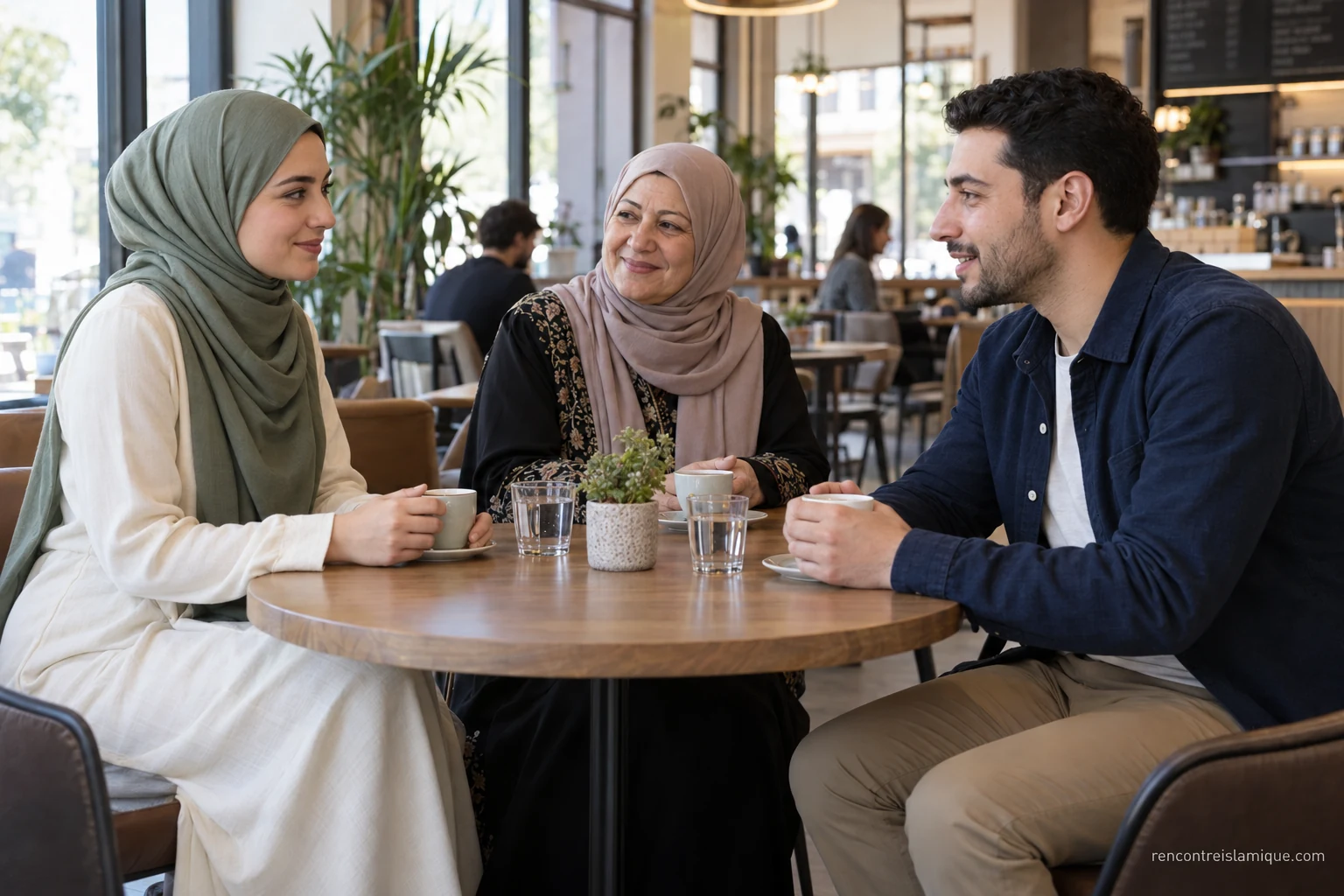 Premier échange à une table de café en présence d’une accompagnatrice.