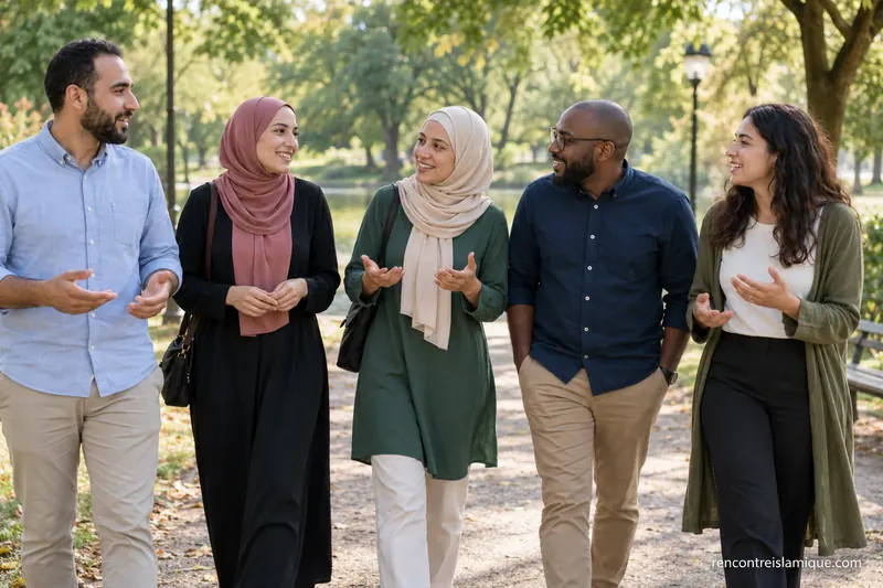 Cinq amis adultes marchent et conversent ensemble dans un parc.