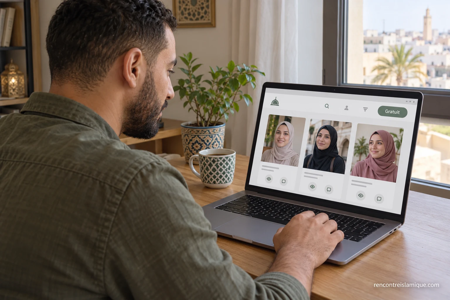 Un homme consulte une plateforme matrimoniale fictive portant la mention Gratuit.