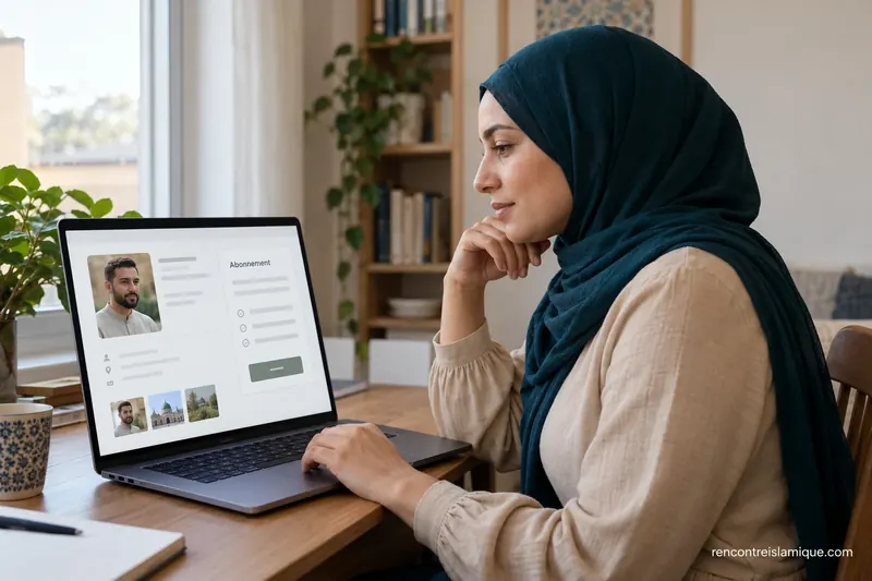 Une femme examine une formule d’abonnement illustrative sur un ordinateur portable.